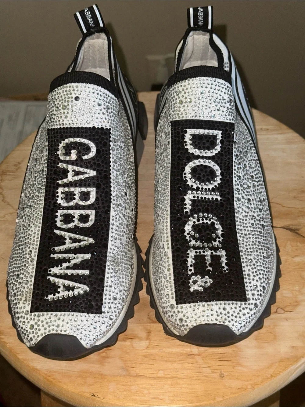 Dolce & Gabbana Crystal-Embellished Slip-Ons in White & Black